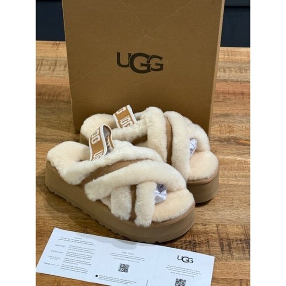 UGG Disco Cross Slide Chestnut 1121550 Slippers Womens 6 Strap Sherpa Shoes NEW - Picture 1 of 9